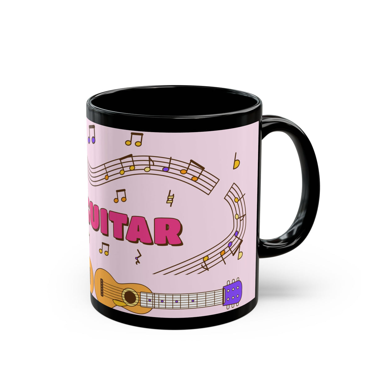 Music-themed Black Mug (11oz, 15oz): 'I love guitar' - pink