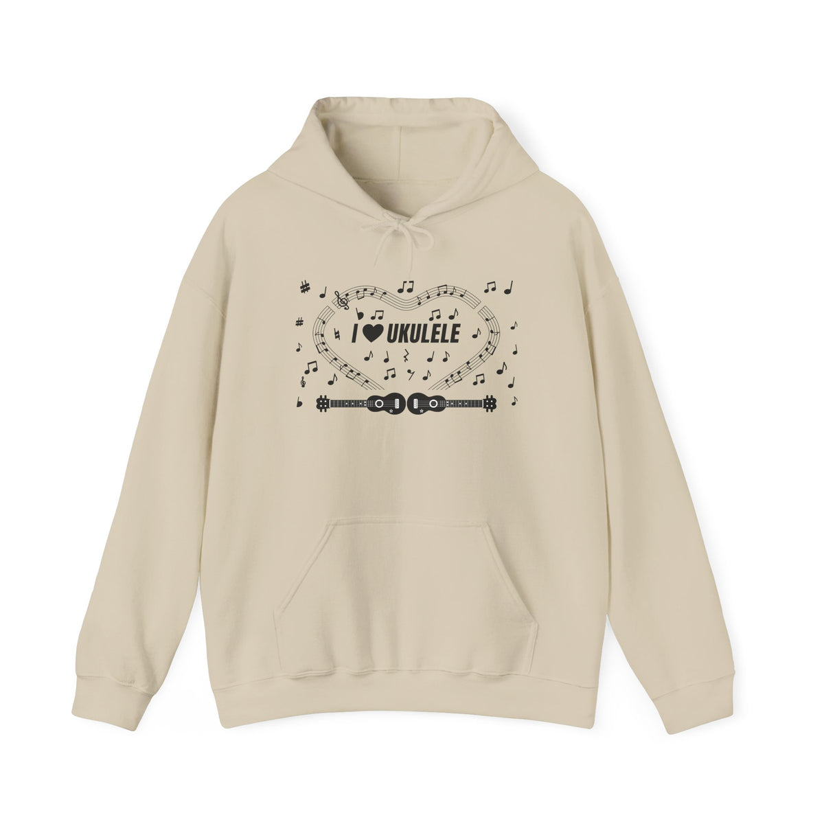 Music-themed Unisex Heavy Blend Hooded Sweatshirt: 'I love ukulele' - black on white