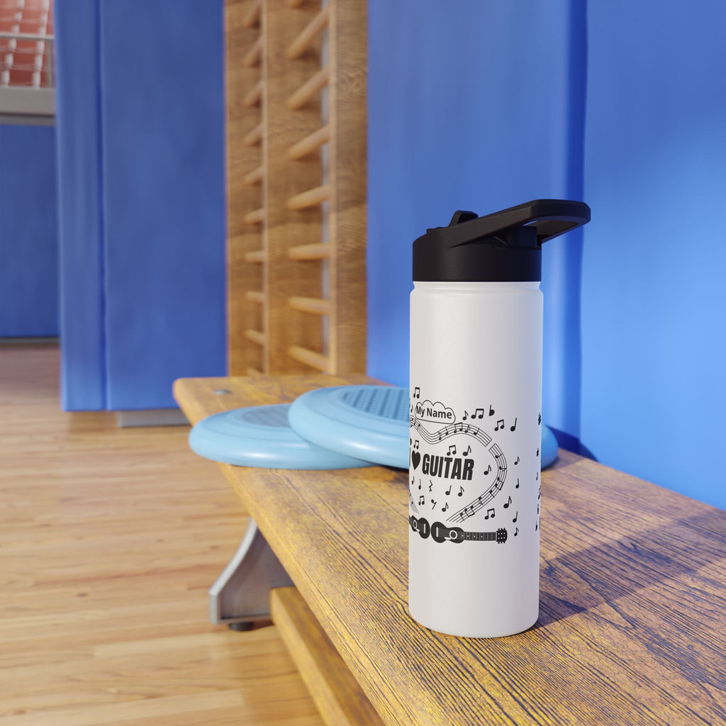 Music-themed Stainless Steel Water Bottle, Standard Lid: 'I love guitar' - black on white