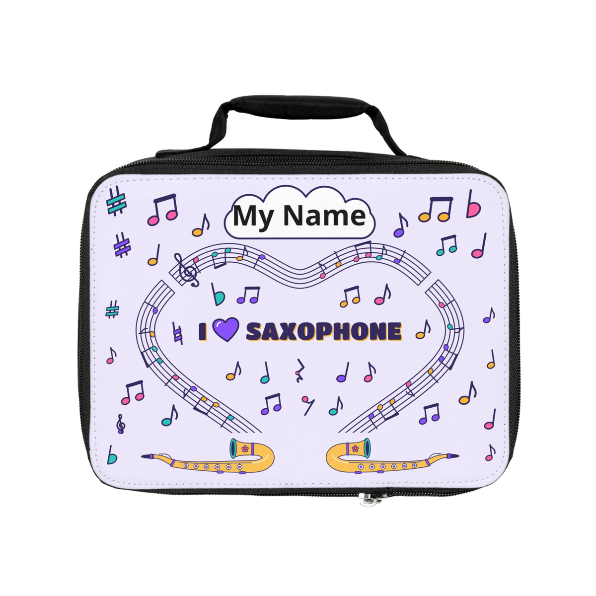 Music-themed Lunch Bag: 'I love saxophone' - violet