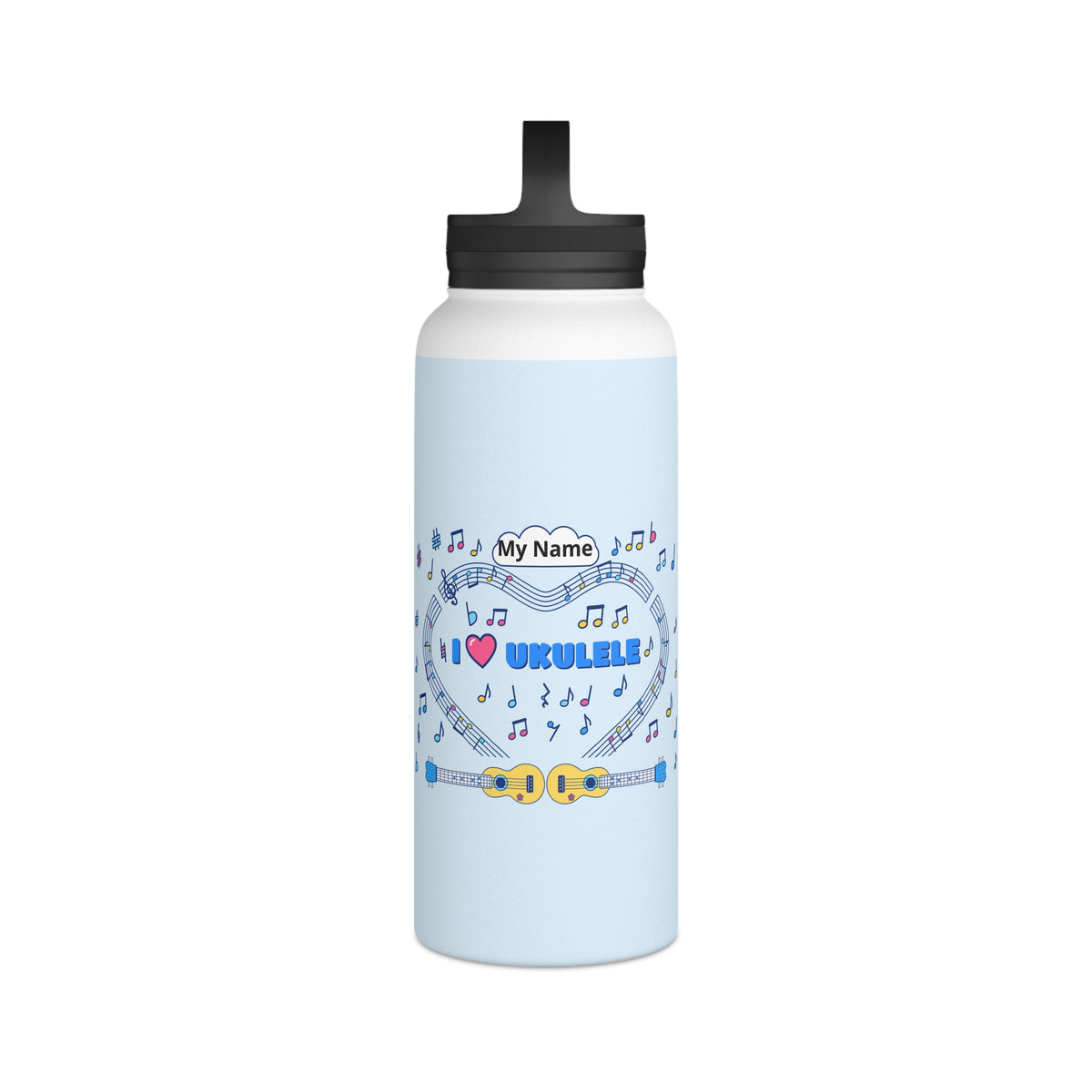 Music-themed Stainless Steel Water Bottle, Handle Lid: 'I love ukulele' - blue