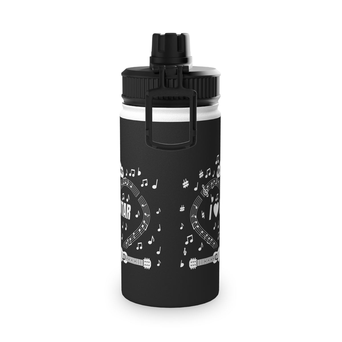 Music-themed Stainless Steel Water Bottle, Sports Lid: 'I love guitar' - black & white