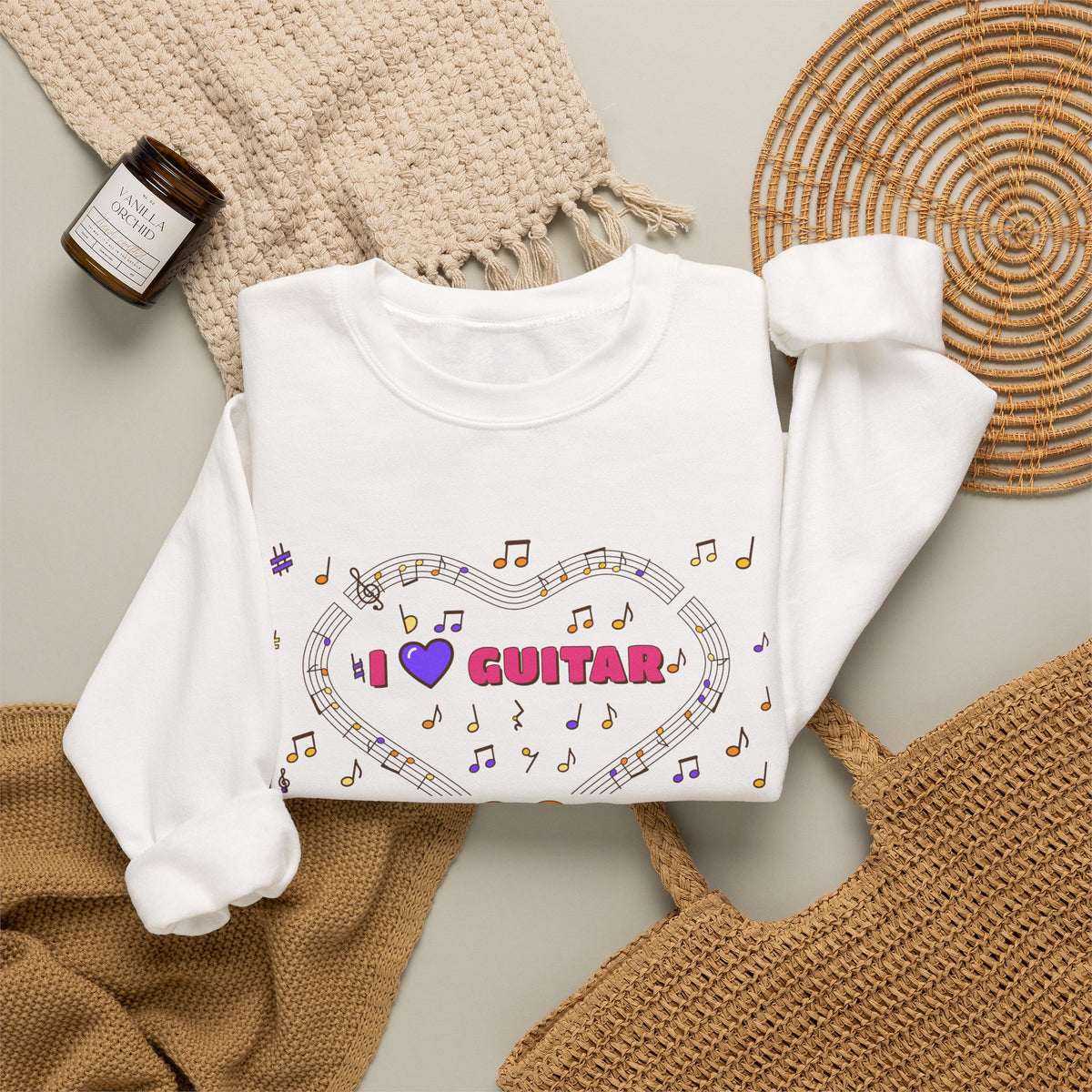 Music-themed Unisex Heavy Blend Crewneck Sweatshirt: 'I love guitar' - pink
