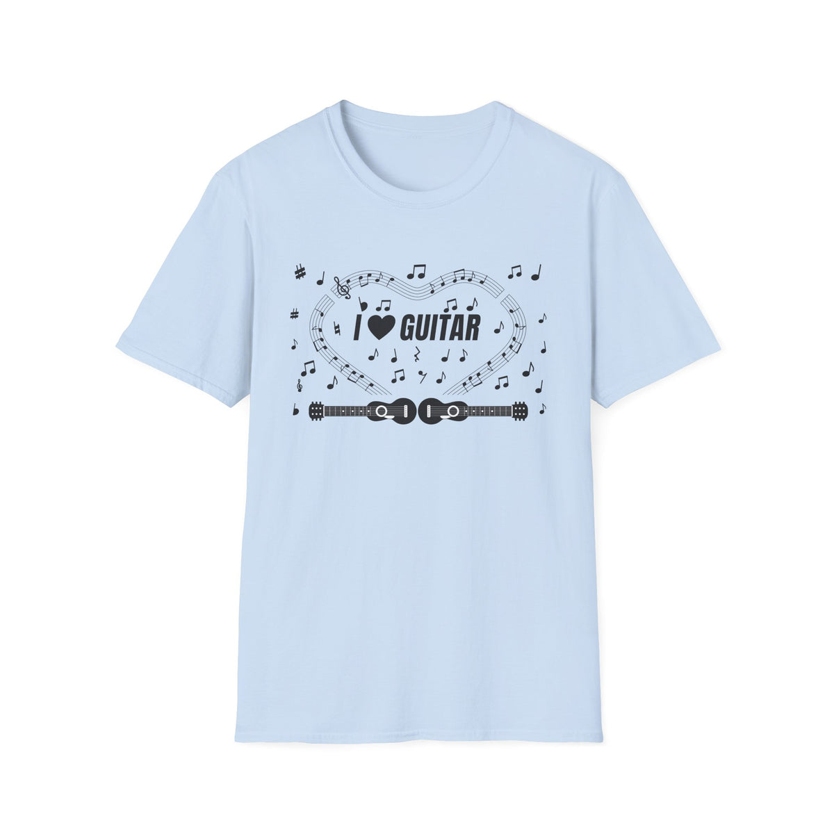 Music-themed Unisex Softstyle T-Shirt: 'I love guitar' - black on white