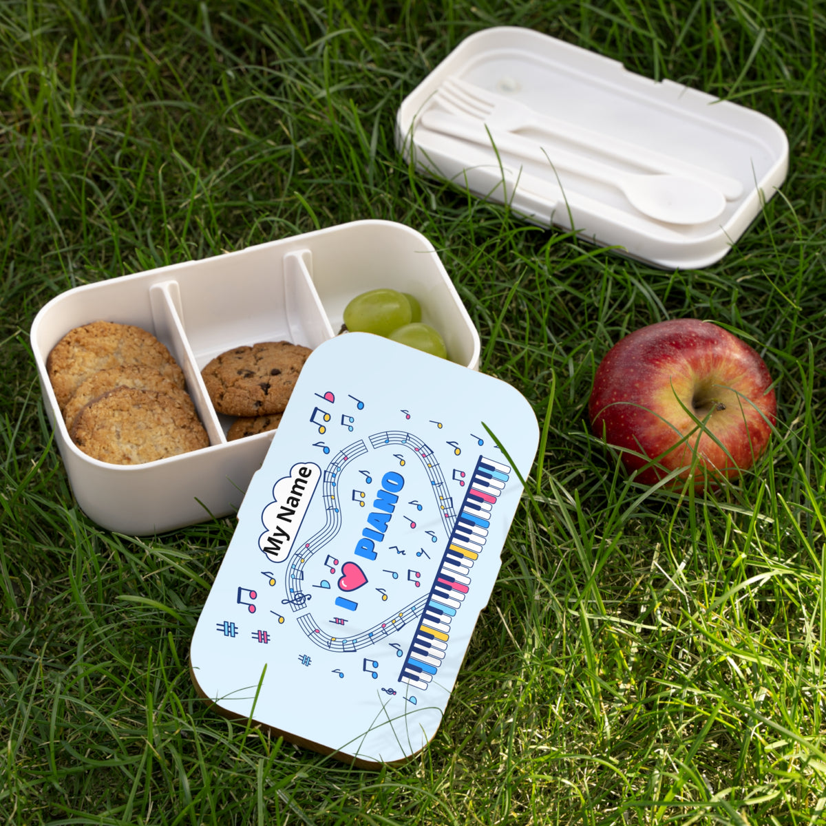 Music-themed Bento Lunch Box: 'I love piano' - blue