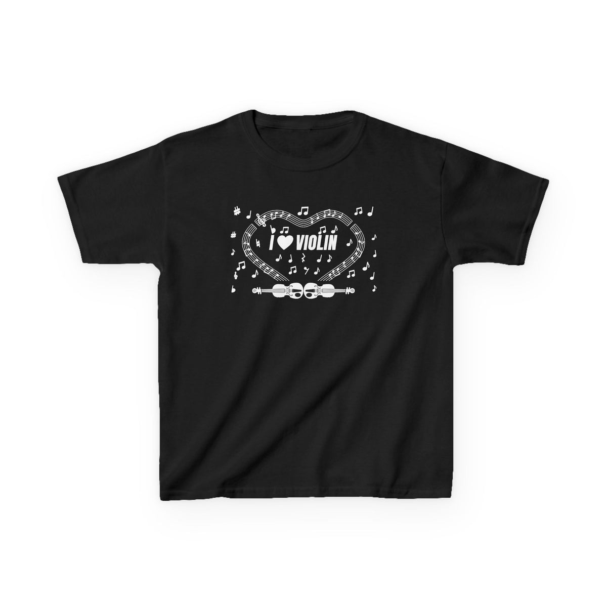Music-themed Kids Heavy Cotton Tee: 'I love violin' - black & white