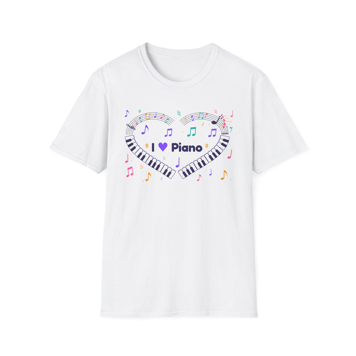 Music-themed Unisex Softstyle T-Shirt: 'I love piano' heart - violet