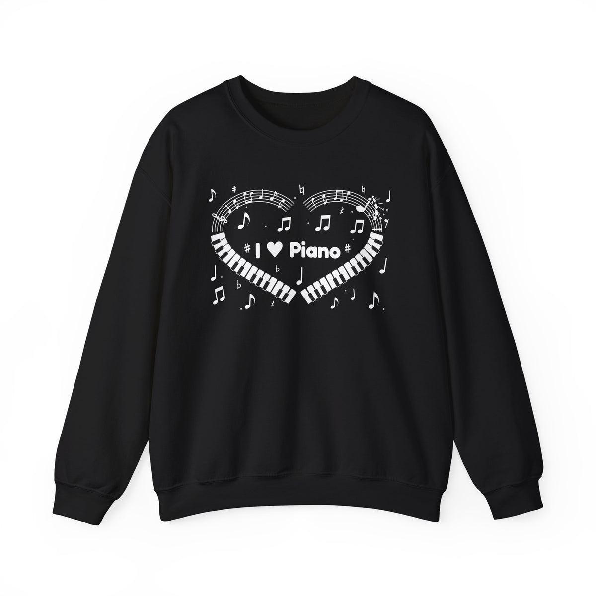 Music-themed Unisex Heavy Blend Crewneck Sweatshirt: 'I love piano' heart - black & white