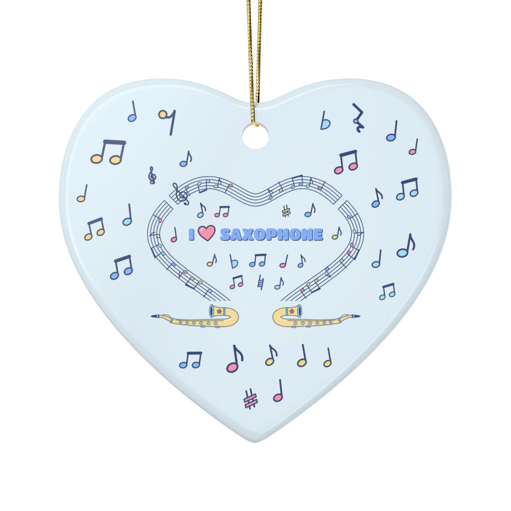 Music-themed Ceramic Ornaments, 2-Side Print: 'I love saxophone' - blue