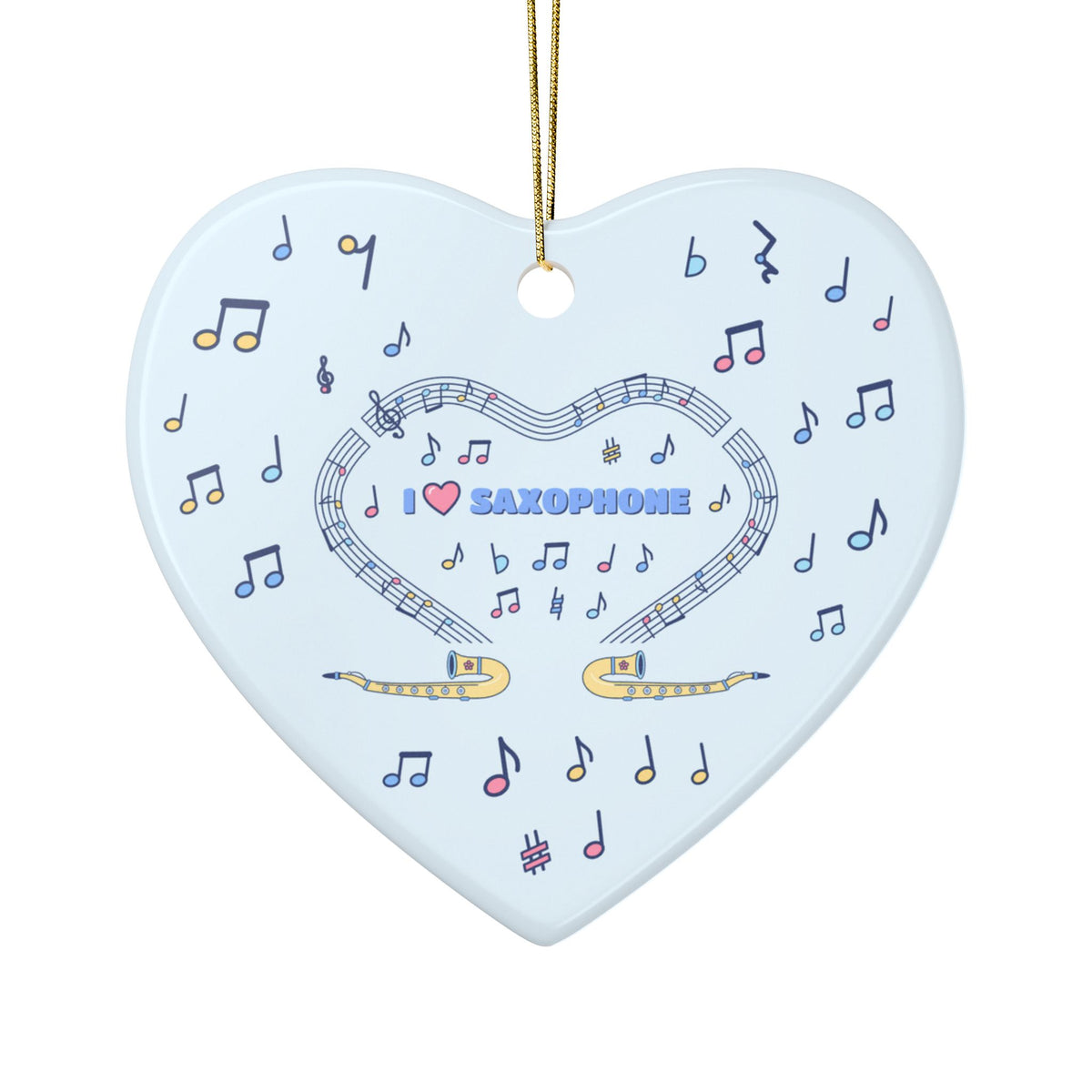 Music-themed Ceramic Ornaments, 2-Side Print: 'I love saxophone' - blue