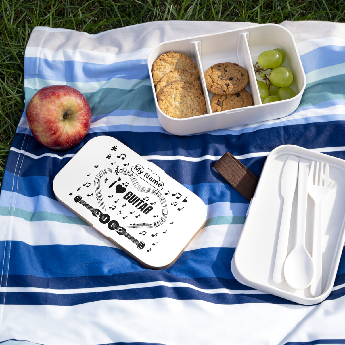 Music-themed Bento Lunch Box: 'I love guitar' - black on white
