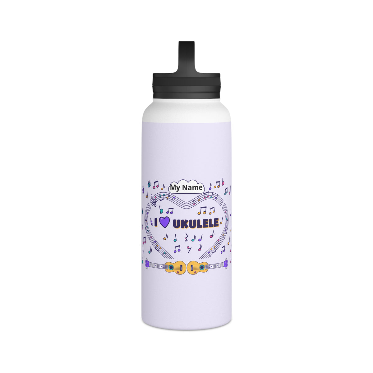 Music-themed Stainless Steel Water Bottle, Handle Lid: 'I love ukulele' - violet