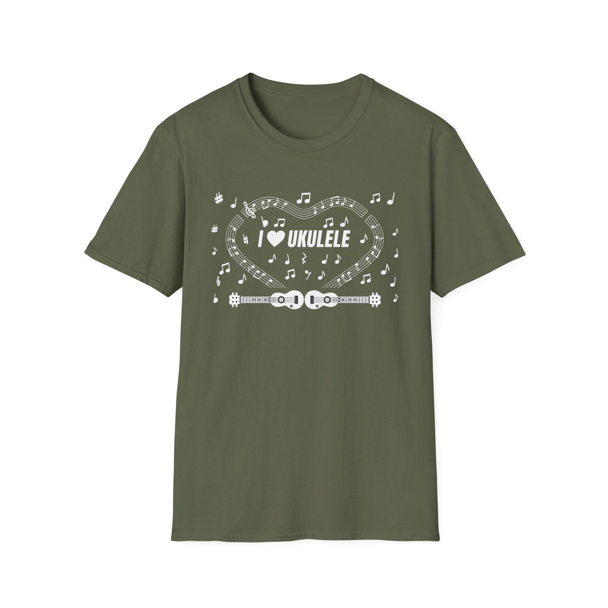 Music-themed Unisex Softstyle T-Shirt: 'I love ukulele' - black & white