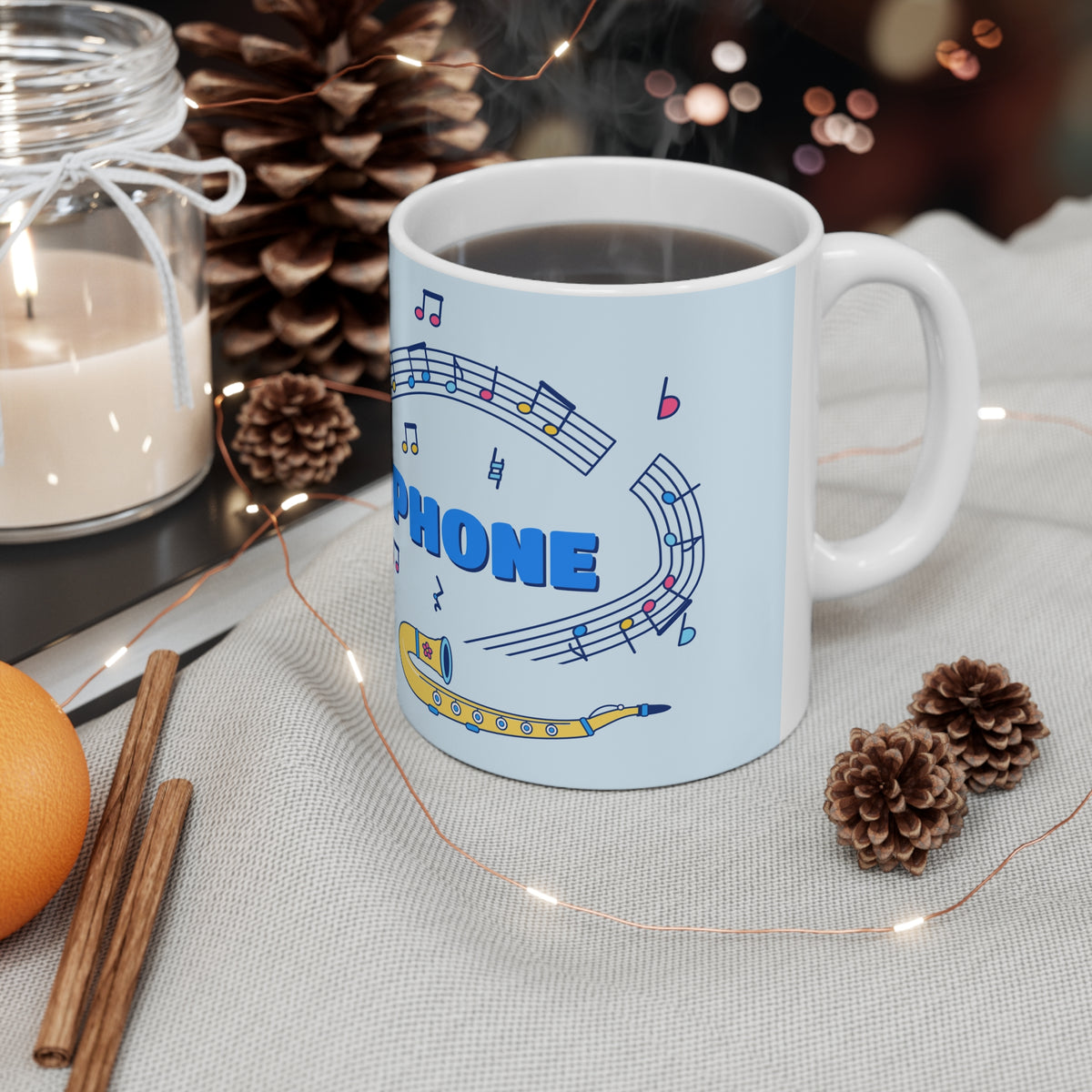 Music-themed Ceramic Mug, 11oz, 15oz: 'I love saxophone' - blue