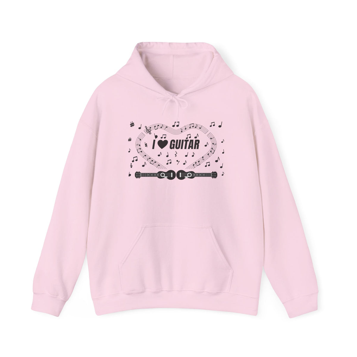 Music-themed Unisex Heavy Blend Hooded Sweatshirt: 'I love guitar' - black on white