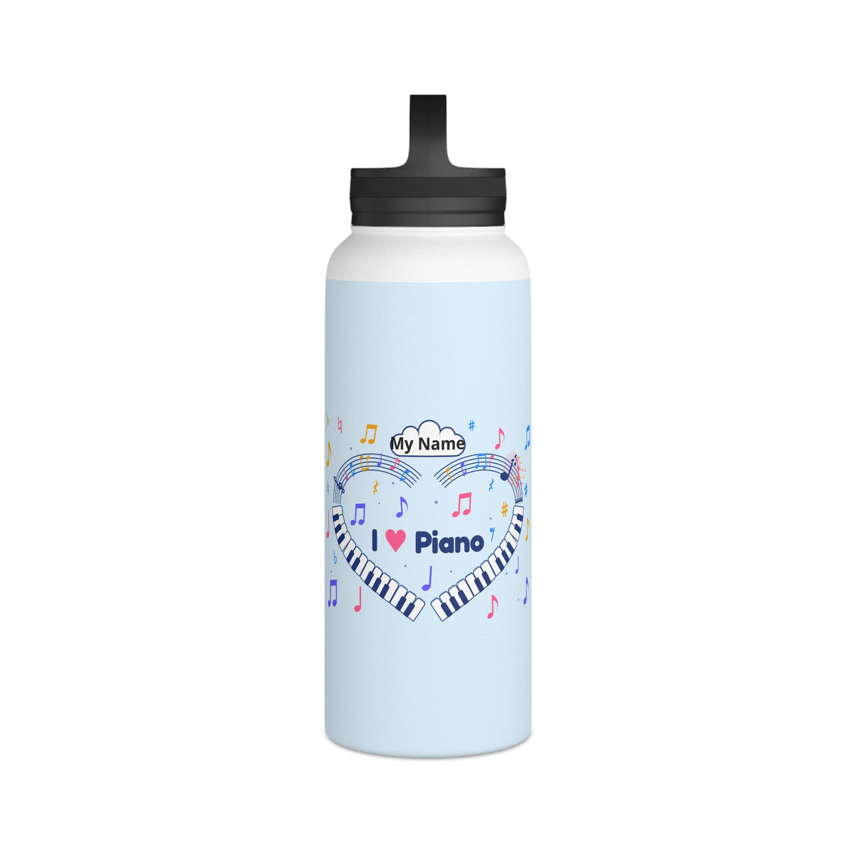 Music-themed Stainless Steel Water Bottle, Handle Lid: 'I love piano' heart - blue