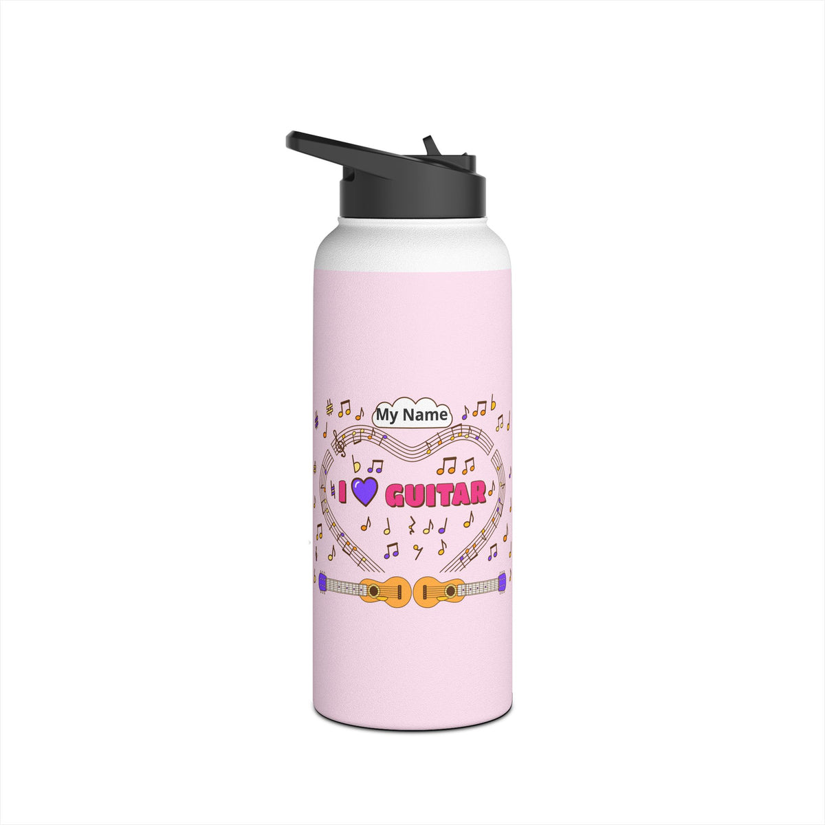 Music-themed Stainless Steel Water Bottle, Standard Lid: 'I love guitar' - pink