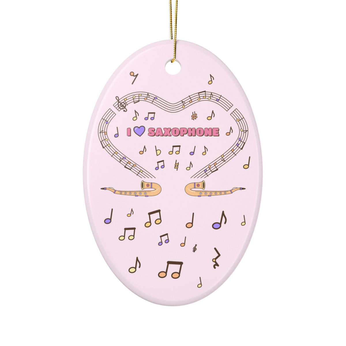 Music-themed Ceramic Ornaments, 2-Side Print: 'I love saxophone' - pink