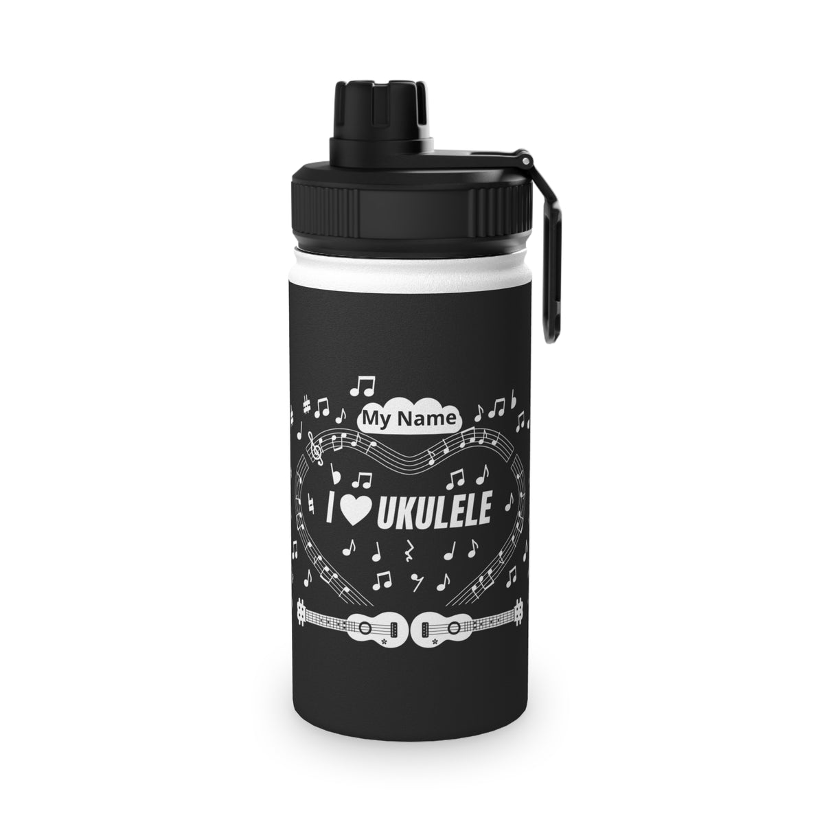 Music-themed Stainless Steel Water Bottle, Sports Lid: 'I love ukulele' - black & white