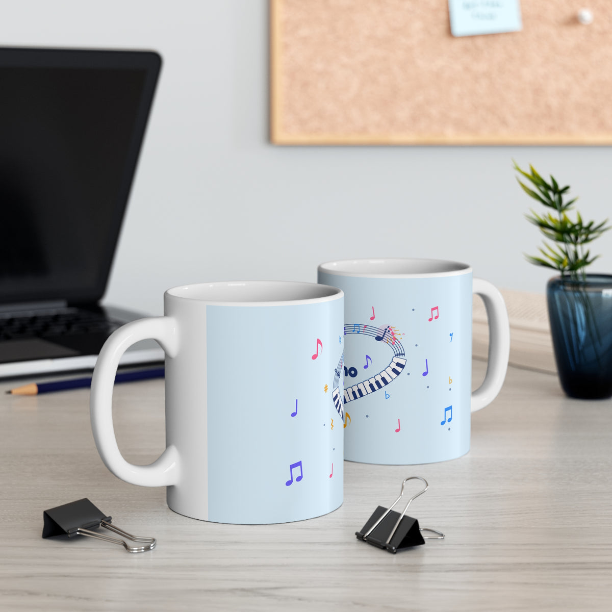 Music-themed Ceramic Mug, 11oz, 15oz: 'I love piano' heart - blue