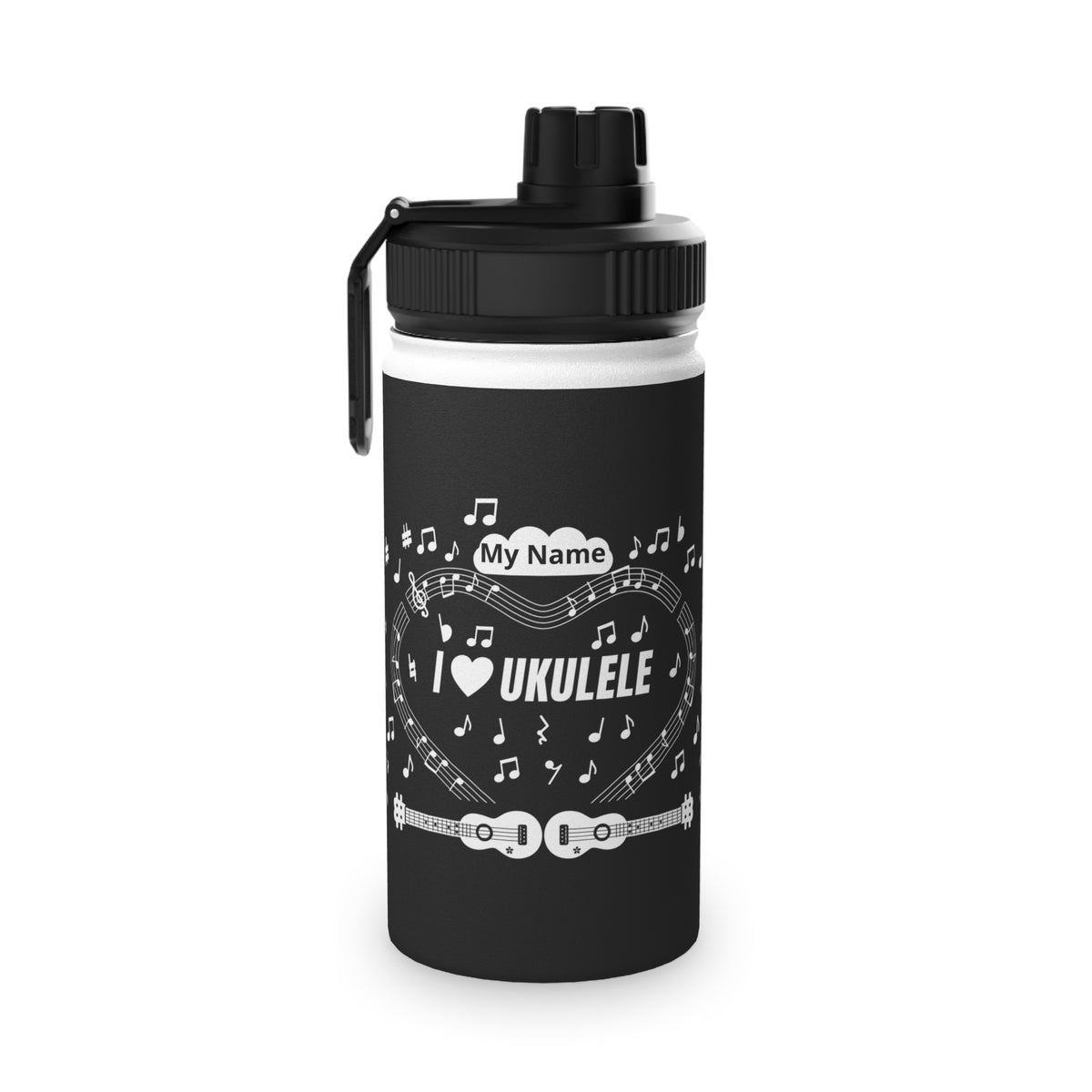 Music-themed Stainless Steel Water Bottle, Sports Lid: 'I love ukulele' - black & white