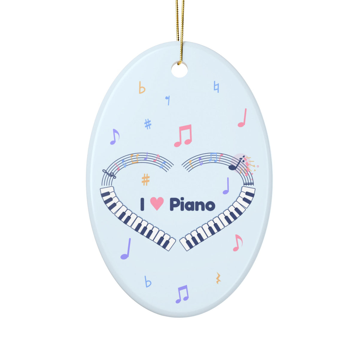 Music-themed Ceramic Ornaments, 1-Side Print: 'I love piano' heart - blue