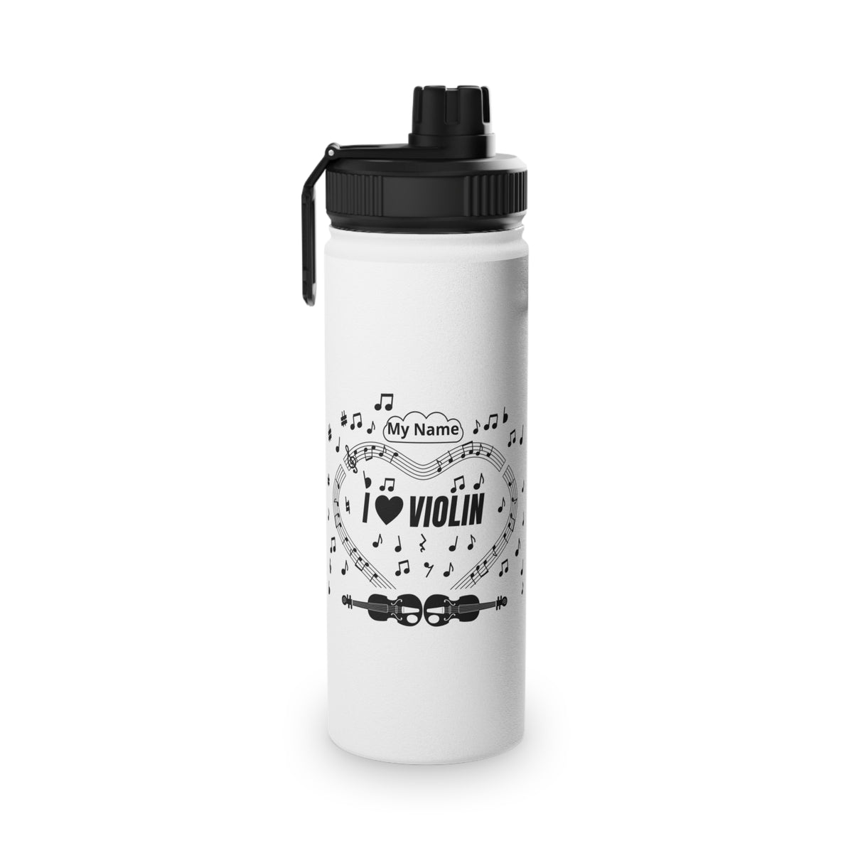Music-themed Stainless Steel Water Bottle, Sports Lid: 'I love violin' - black on white