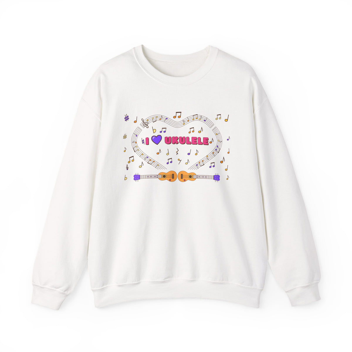 Music-themed Unisex Heavy Blend Crewneck Sweatshirt: 'I love ukulele' - pink
