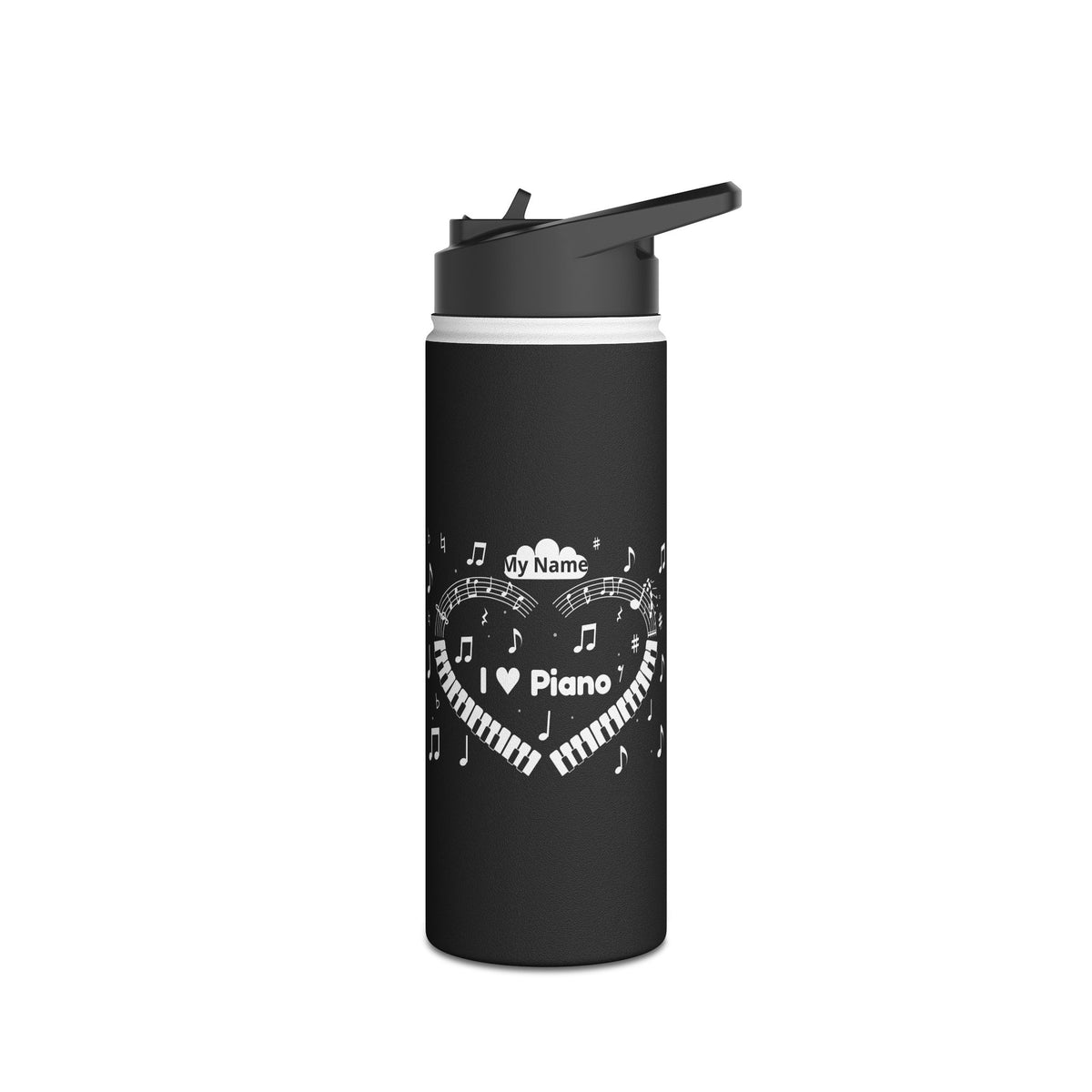 Music-themed Stainless Steel Water Bottle, Standard Lid: 'I love piano' heart - black & white