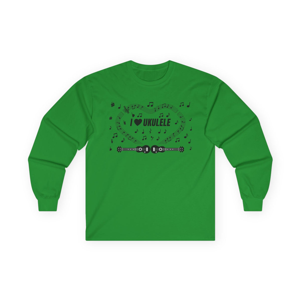 Music-themed Unisex Ultra Cotton Long Sleeve Tee: 'I love ukulele' - black on white