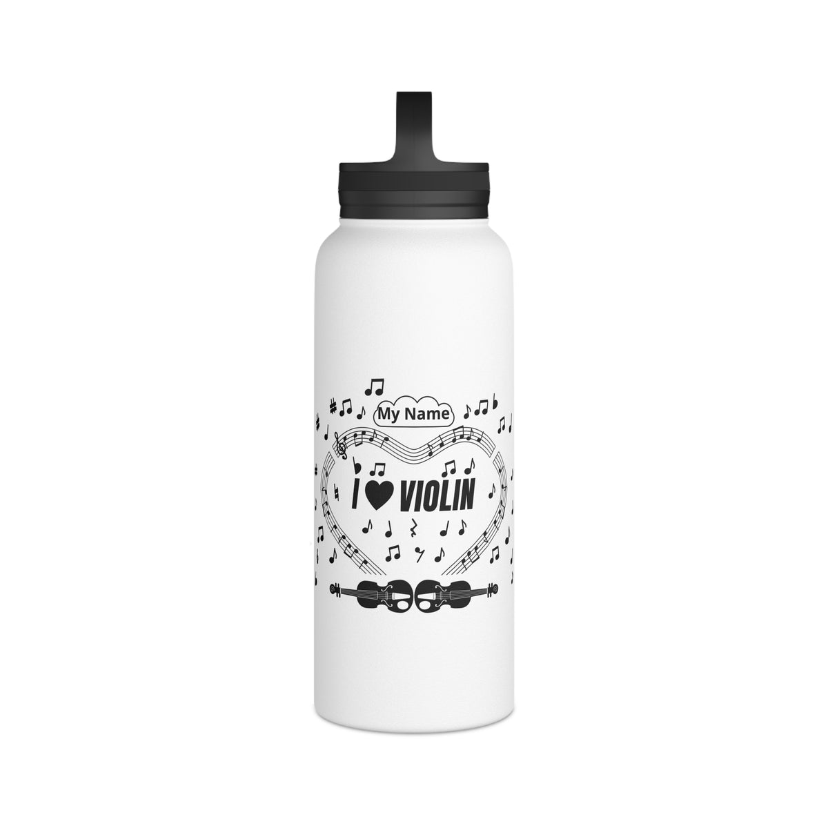Music-themed Stainless Steel Water Bottle, Handle Lid: 'I love violin' - black on white