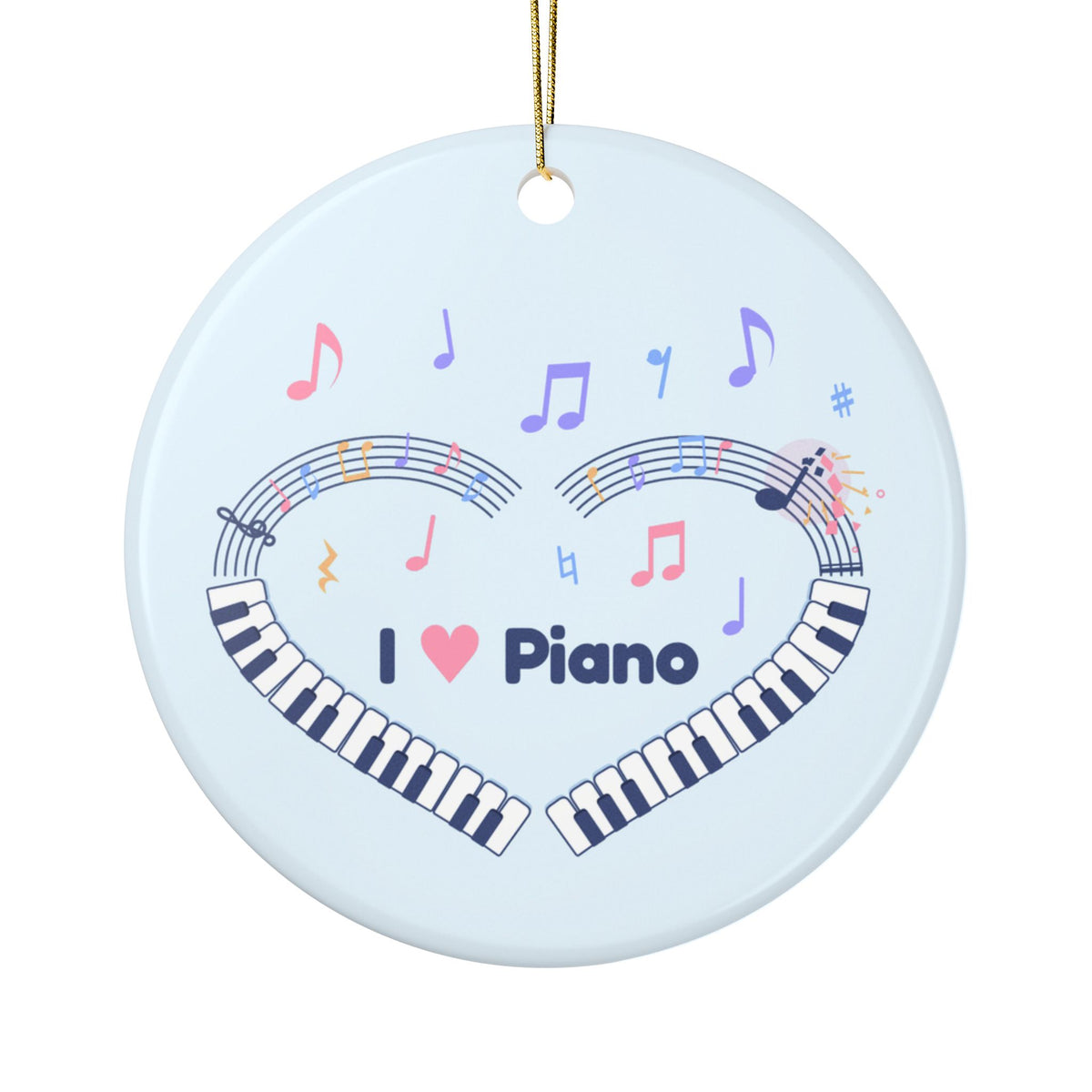 Music-themed Ceramic Ornaments, 2-Side Print: 'I love piano' heart - blue