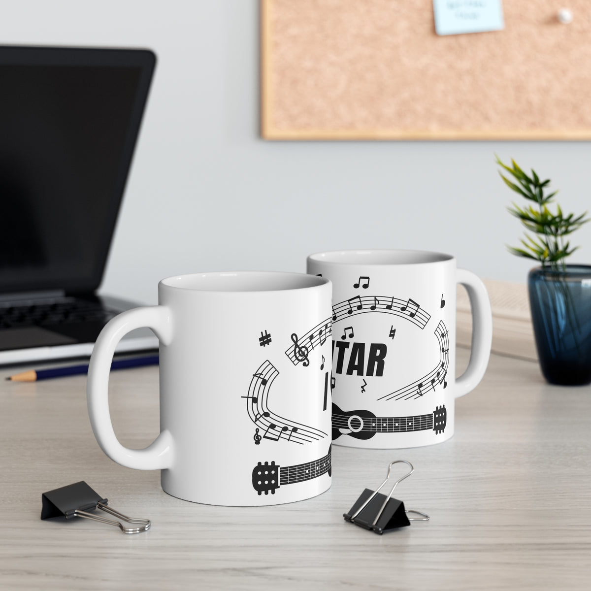 Music-themed Ceramic Mug, 11oz, 15oz: 'I love guitar' - black on white