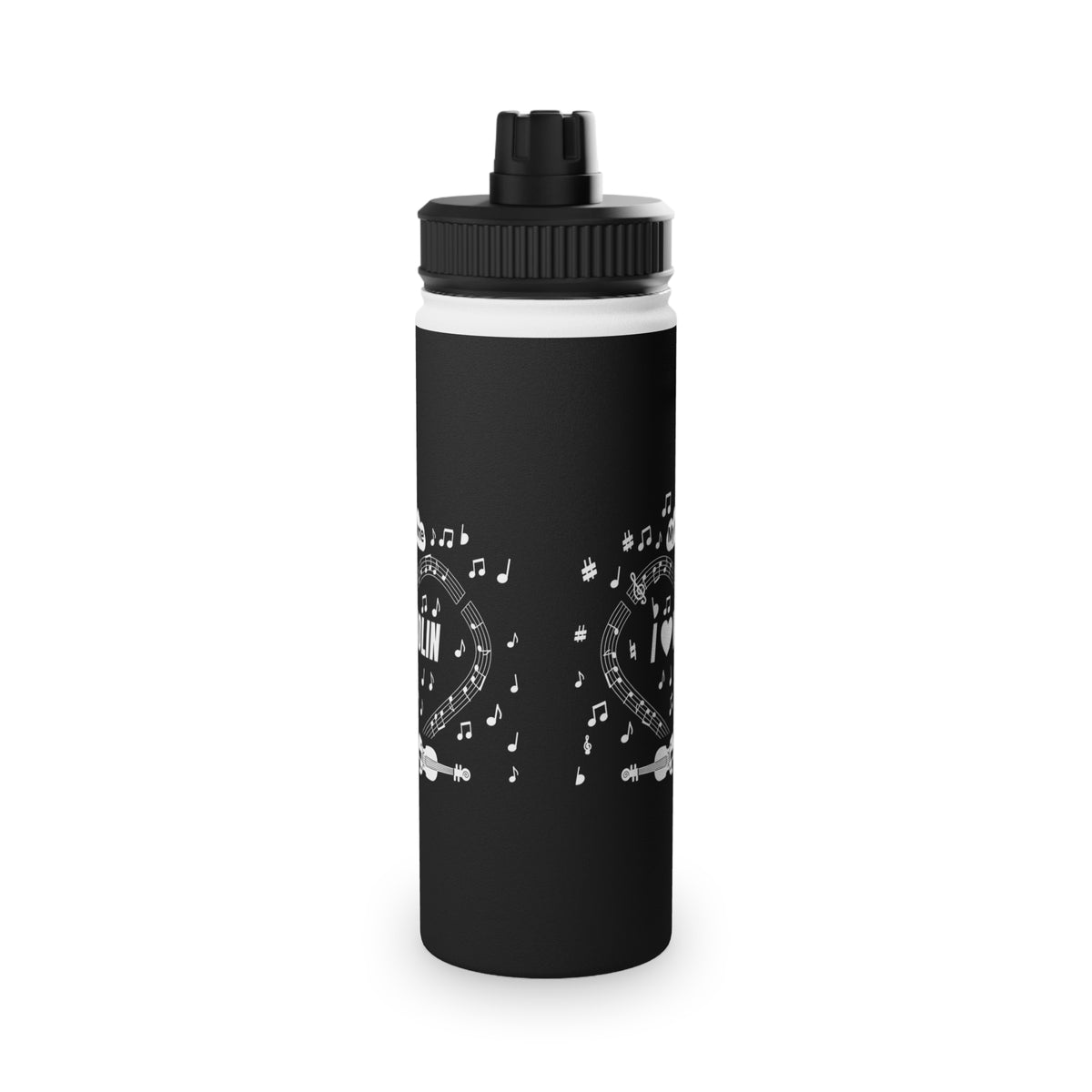 Music-themed Stainless Steel Water Bottle, Sports Lid: 'I love violin' - black & white