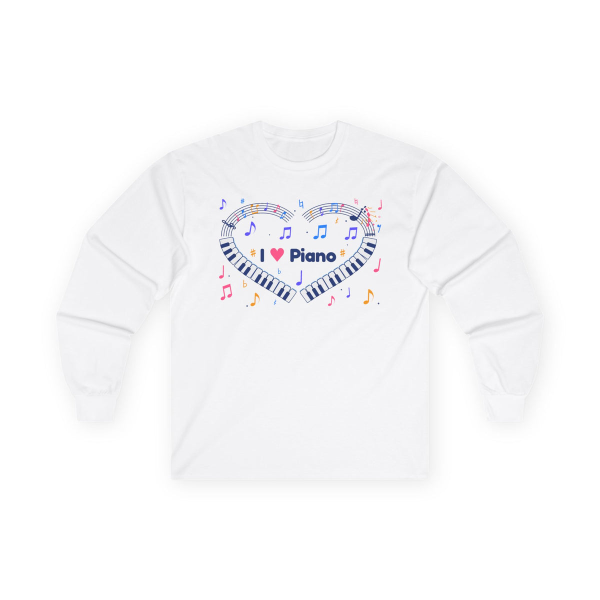 Music-themed Unisex Ultra Cotton Long Sleeve Tee: 'I love piano' heart - blue
