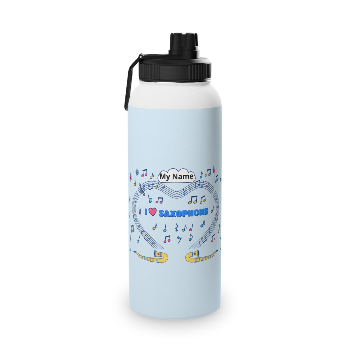 Music-themed Stainless Steel Water Bottle, Sports Lid: 'I love saxophone' - blue