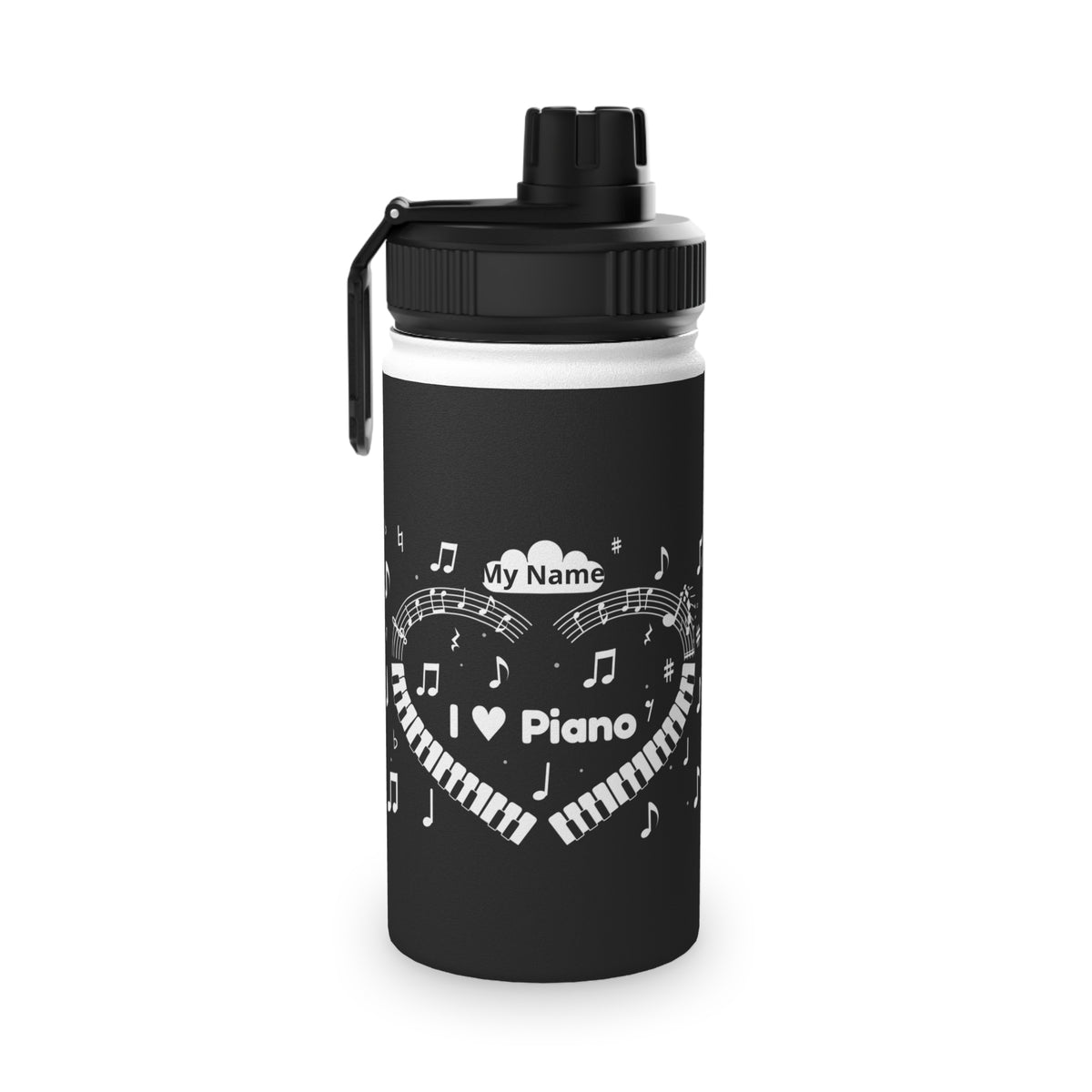 Music-themed Stainless Steel Water Bottle, Sports Lid: 'I love piano' heart - black & white