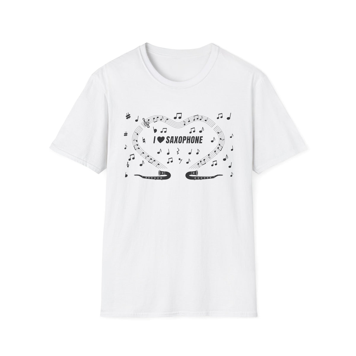 Music-themed Unisex Softstyle T-Shirt: 'I love saxophone' - black on white