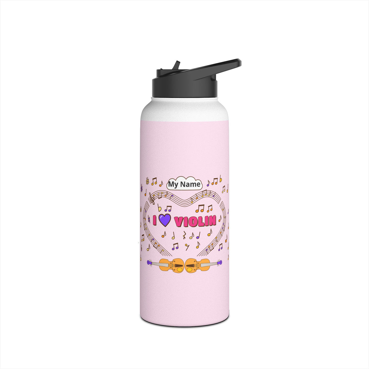 Music-themed Stainless Steel Water Bottle, Standard Lid: 'I love violin' - pink
