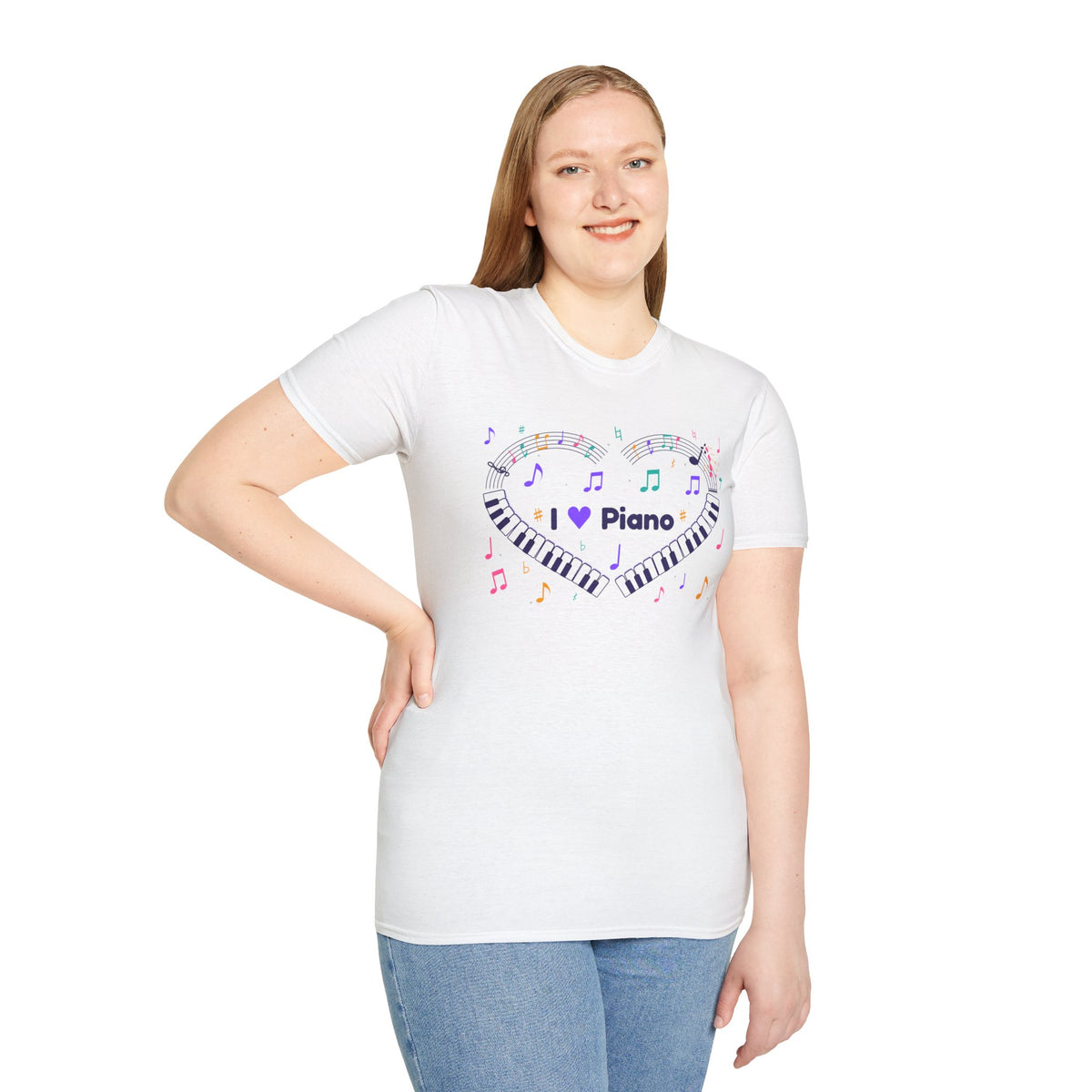 Music-themed Unisex Softstyle T-Shirt: 'I love piano' heart - violet