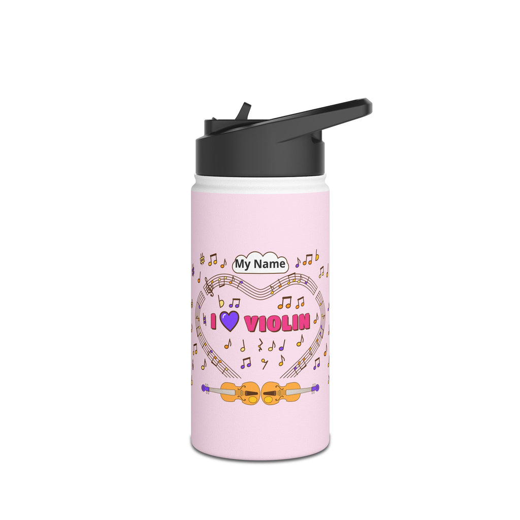 Music-themed Stainless Steel Water Bottle, Standard Lid: 'I love violin' - pink