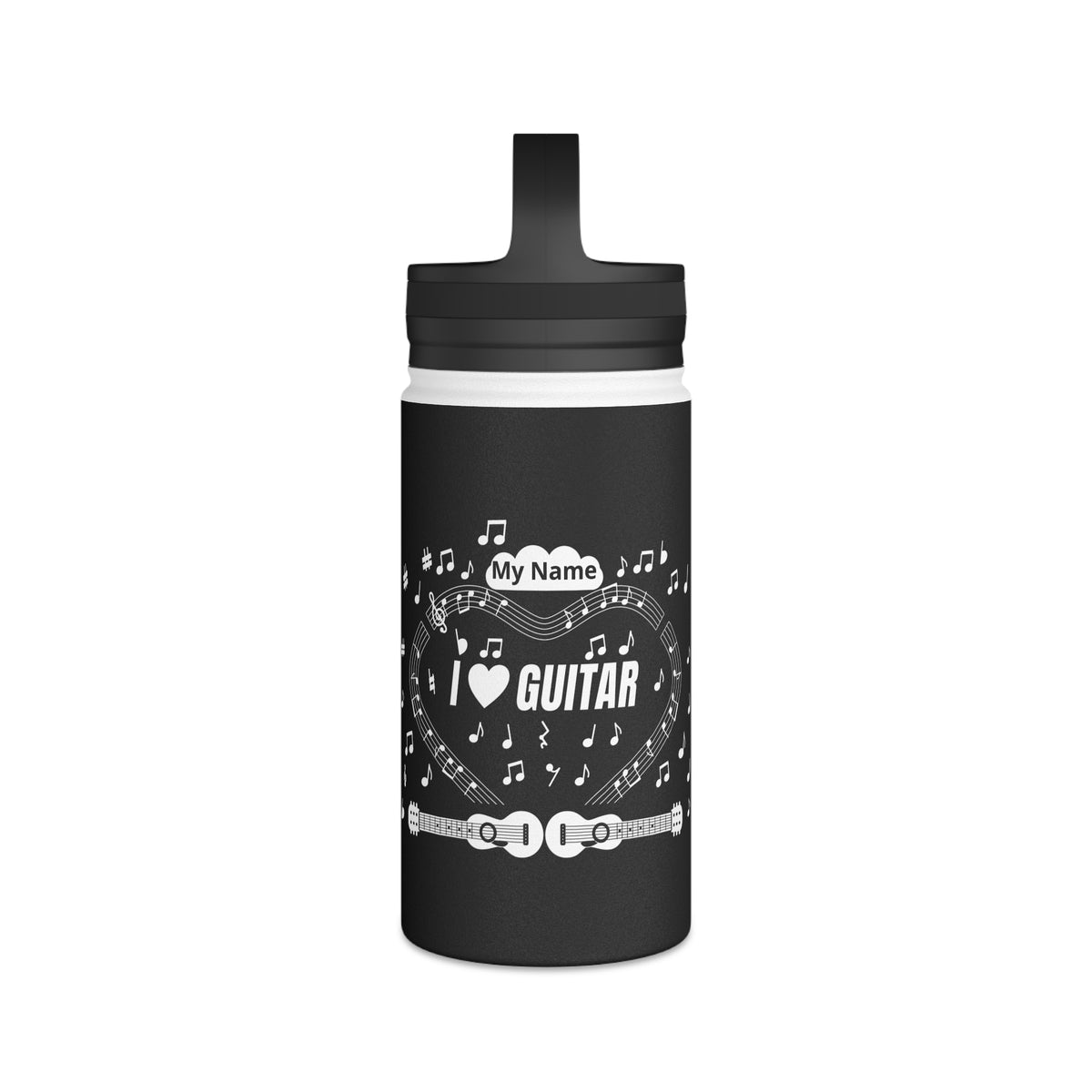 Music-themed Stainless Steel Water Bottle, Handle Lid: 'I love guitar' - black & white
