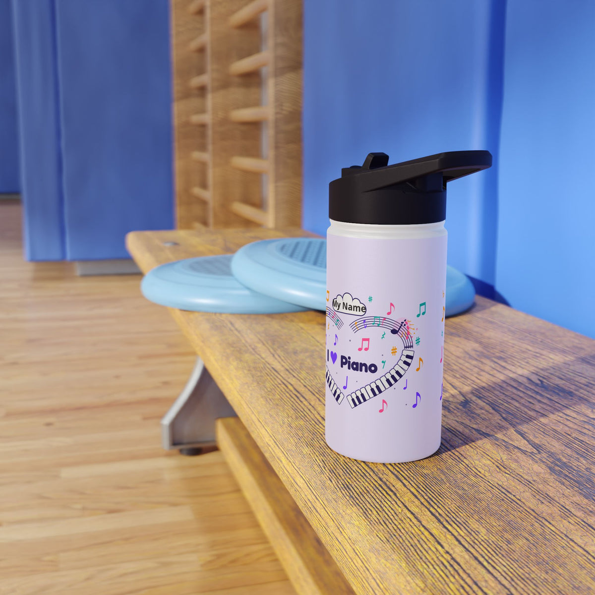 Music-themed Stainless Steel Water Bottle, Standard Lid: 'I love piano' heart - violet