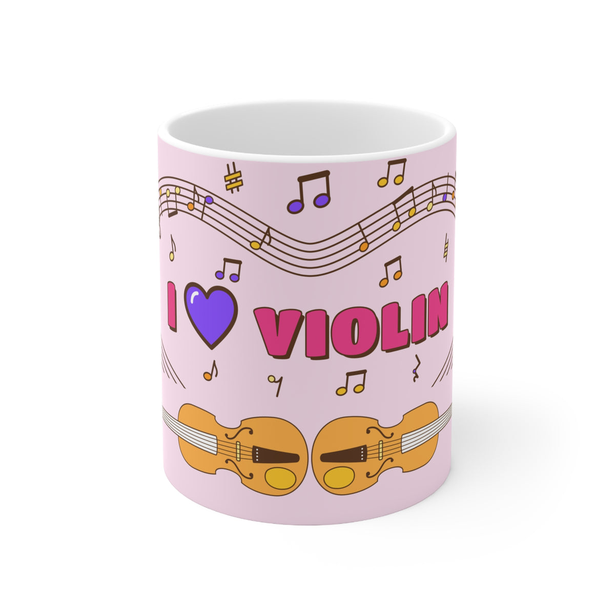 Music-themed Ceramic Mug, 11oz, 15oz: 'I love violin' - pink