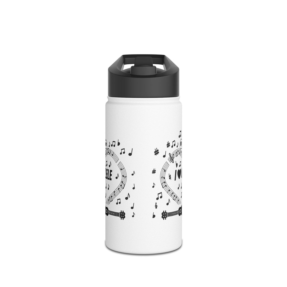 Music-themed Stainless Steel Water Bottle, Standard Lid: 'I love ukulele' - black on white