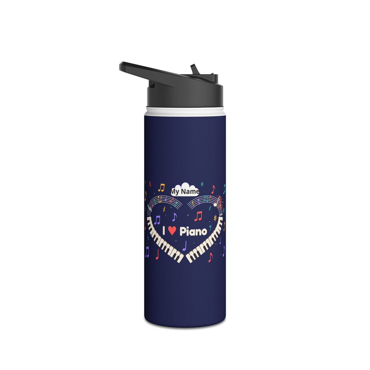 Music-themed Stainless Steel Water Bottle, Standard Lid: 'I love piano' heart - navy