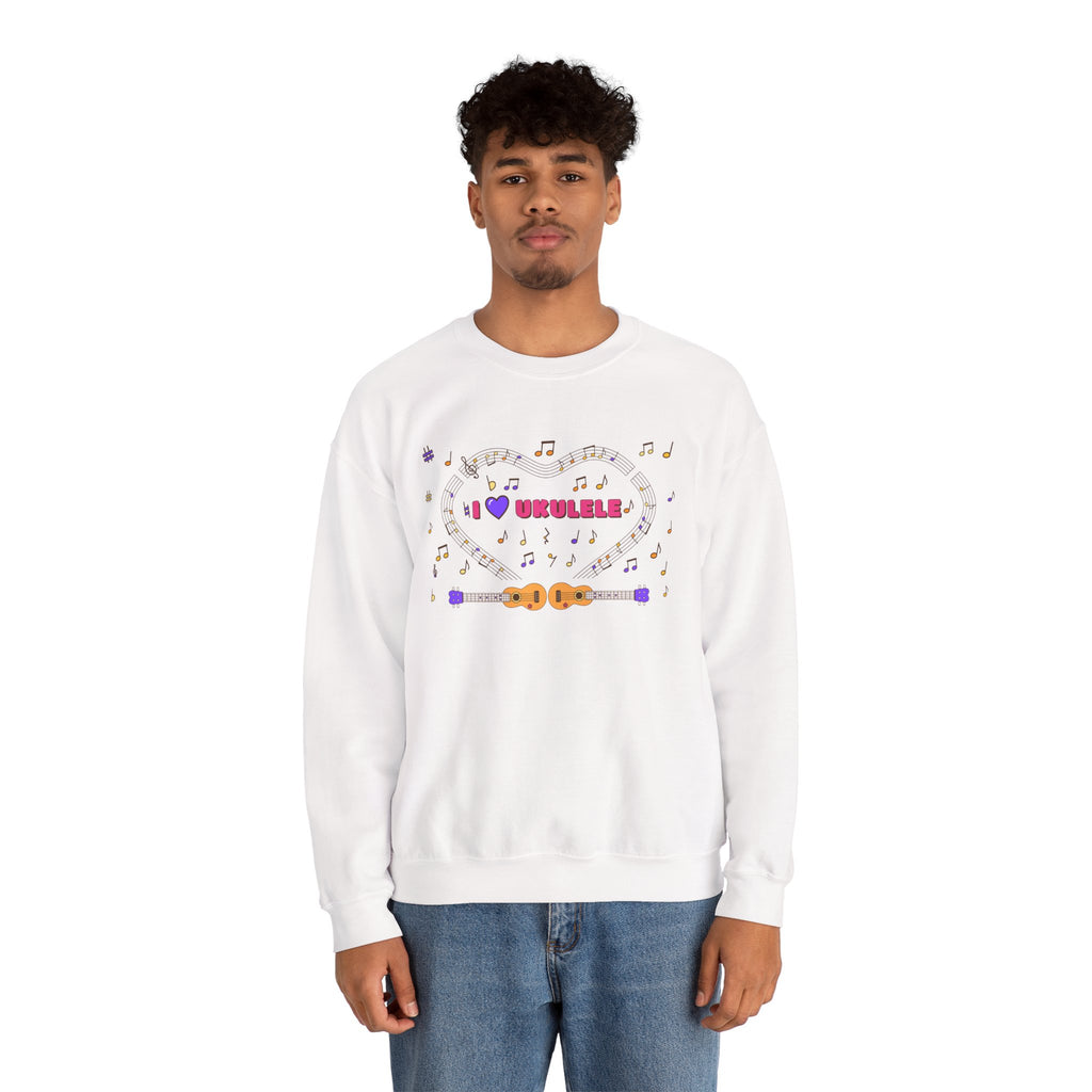 Music-themed Unisex Heavy Blend Crewneck Sweatshirt: 'I love ukulele' - pink