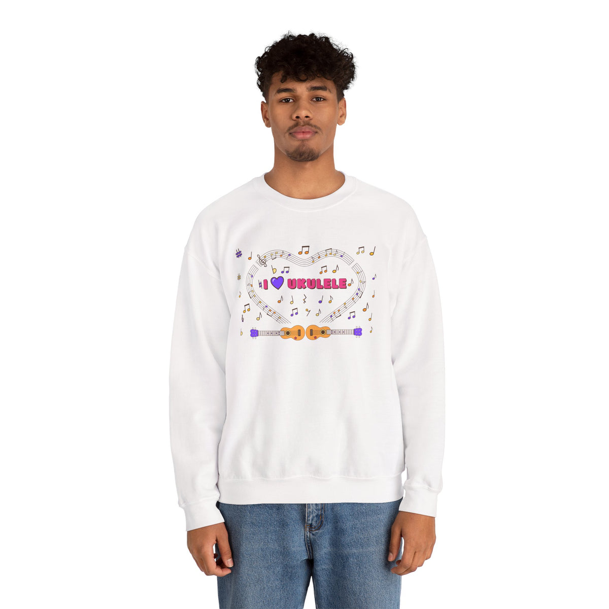 Music-themed Unisex Heavy Blend Crewneck Sweatshirt: 'I love ukulele' - pink