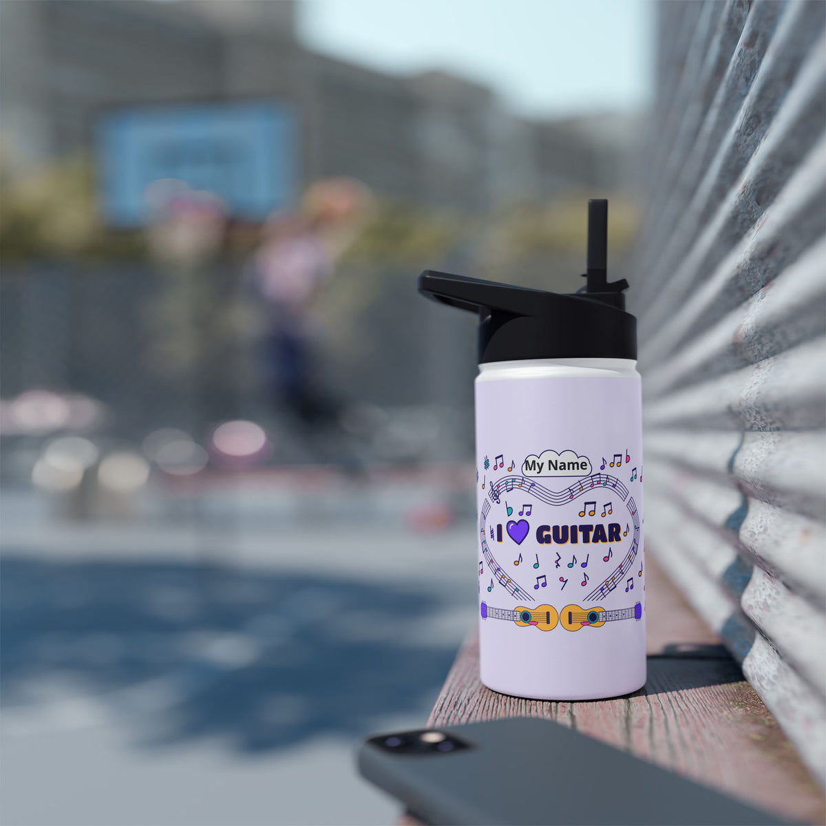 Music-themed Stainless Steel Water Bottle, Standard Lid: 'I love guitar' - violet