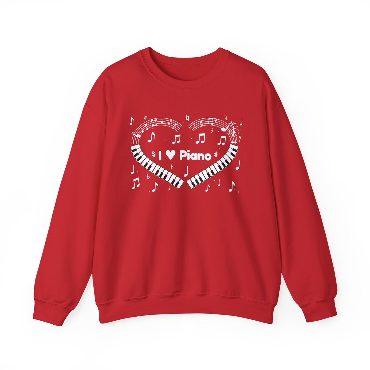 Music-themed Unisex Heavy Blend Crewneck Sweatshirt: 'I love piano' heart - black & white